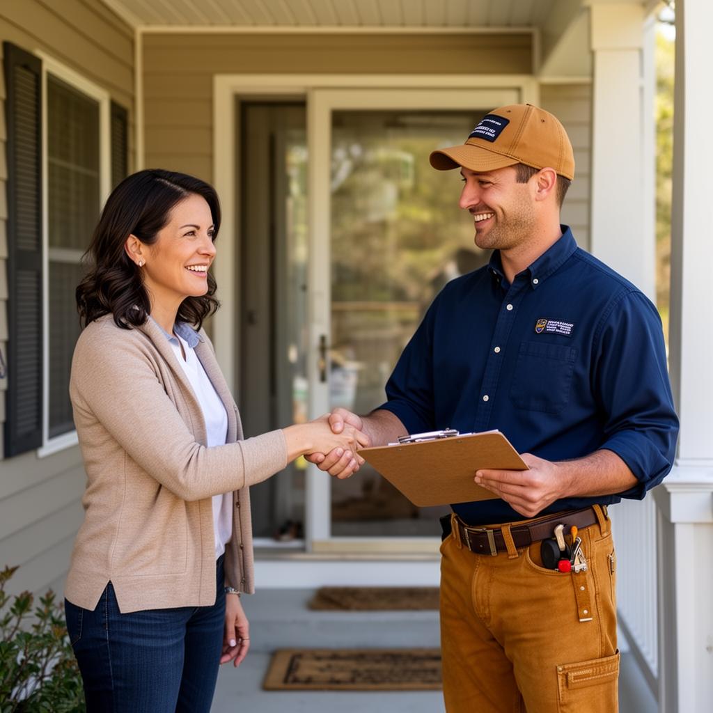 Homeowner shaking hands with a vetted contractor on her front porch